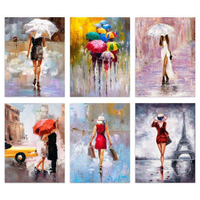 Pack of 6 Rainy Days Oil Painting Paris New York Amsterdam London Wall Art Print A4