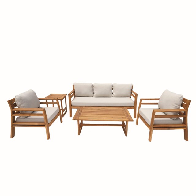 Direct Wicker 5 PCS Garden Furniture Conversation Set, Wooden Outdoor Three Seater Sofa Set for Patio Balcony Yard, Straight-Line Design