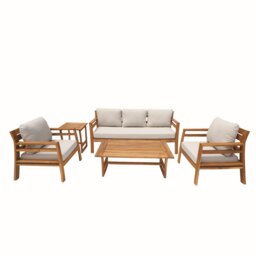 Direct Wicker 5 PCS Garden Furniture Conversation Set, Wooden Outdoor Three Seater Sofa Set for Patio Balcony Yard, Straight-Line Design