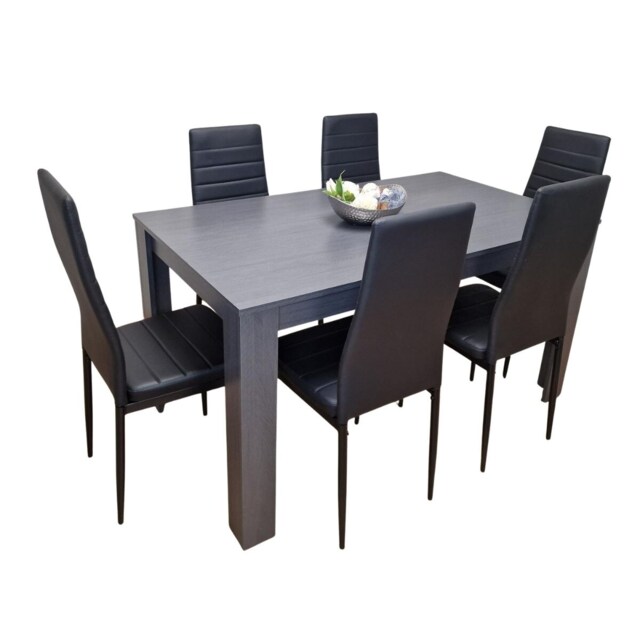 Dining Table and 6 Chairs Black Dark Grey 6 Black Faux Leather Chairs Wood Dining Set Furniture