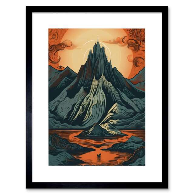 "Erebor Lonely Mountain Dwarf City Landscape 9x7"" Black Framed Wall Art Print"