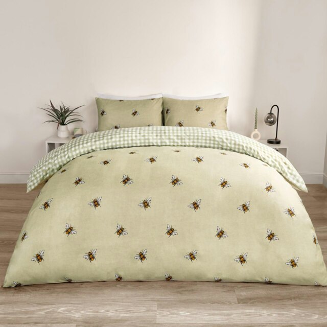 OHS Bee Check Reversible Print Duvet Quilt Cover Bedding Set, King - Sage Green