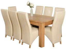 Dakota 182 x 92cm Oak Large Dining Table and 8 Lola Leather Chairs Cream Cream