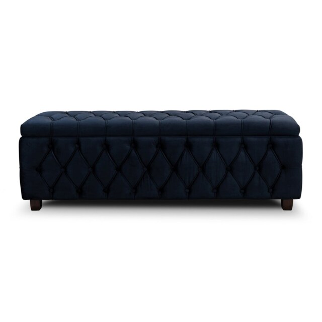 150cm Riga Ottoman Storage Box with Wooden Legs, Black Velvet Upholstered Chesterfield Storage Ottoman Box