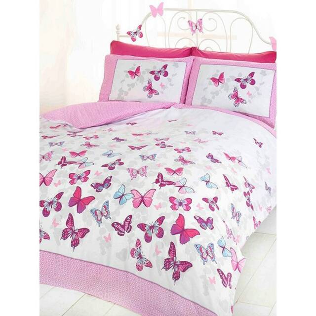 Flutter Butterfly Duvet Cover Set - White/Pink/Grey - Single White Single