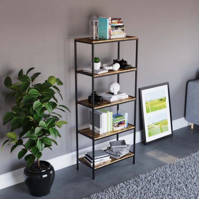 Vida Designs Brooklyn 5 Tier Bookcase Industrial Style Display Storage, Dark Wood