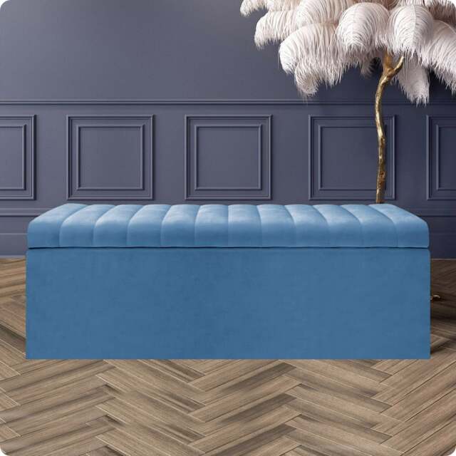 120cm Safar Large Striped Storage Ottoman Box, Duck Egg Plush Velvet Upholstered Deep Storage Ottoman End of Bed Bench