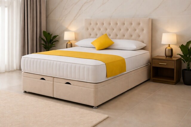 Chesterfield Ottoman Coffee Plush Velvet 4ft6 Double Bed Set With Headboard and Mattress