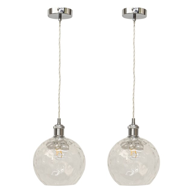 Set of 2 Barnum - Clear Dimple Glass Globe Chrome Retro Pendants
