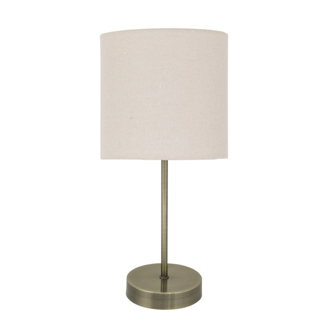 Antique Brass Stick Table Lamp with Natural Linen Shade