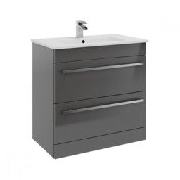 Bathroom 2-Drawer Floor Standing Vanity Unit with Ceramic Basin 800mm Wide - Storm Grey Gloss - Brassware Not Included Grey Grey 1