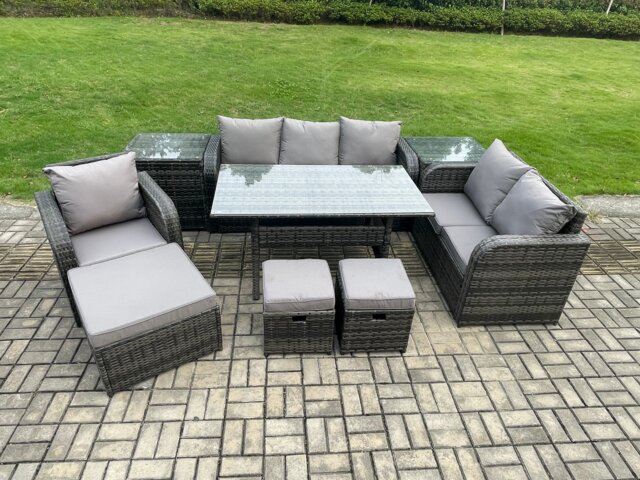 Fimous 9 Piece Garden Rattan Furniture Dining Table Sofa Set Indoor Outdoor with Reclining Chairs 2 Side Tables 3 Footstools Dark Grey Mixed