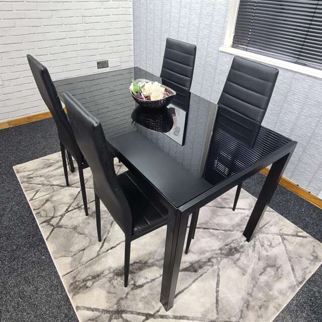 Dining Table and 4 Chairs Black Glass 4 Faux Leather Chairs Dining Room Furniture