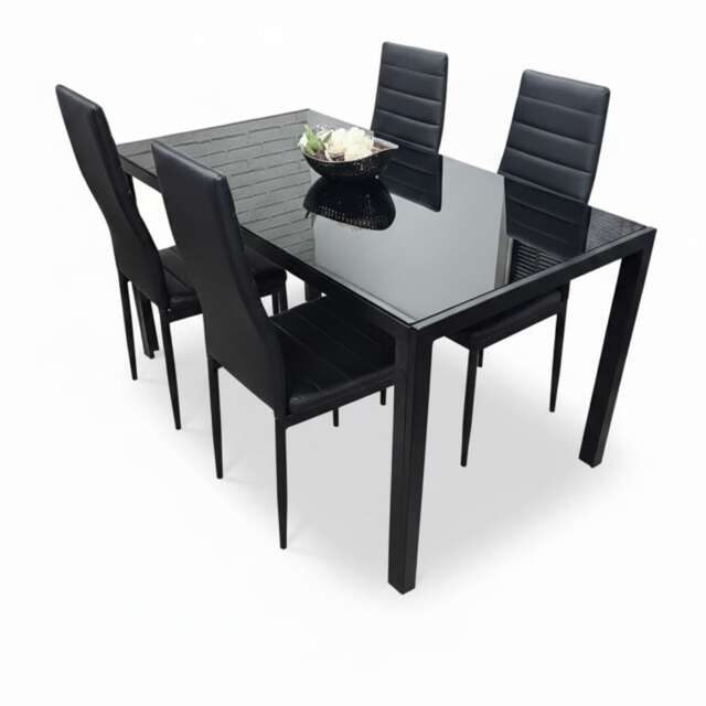 Dining Table and 4 Chairs Black Glass 4 Faux Leather Chairs Dining Room Furniture