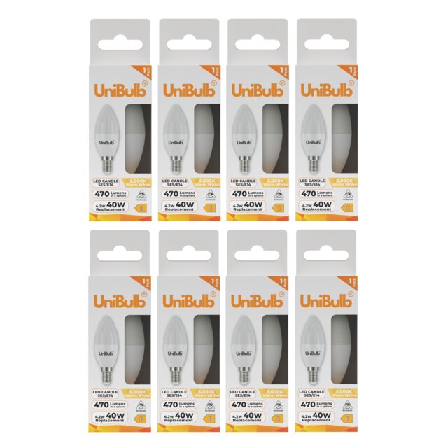 UniBulb LED Candle E14 Small Edison Screw (SES) 470lm 4.2W (Replaces 40W) 3000K (Warm White) Light Bulb - Pack of 8