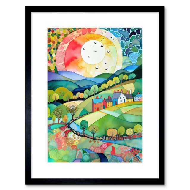 "Rural Landscape English Countryside Sunrise Folk Art 9x7"" Black Framed Wall Art Print"