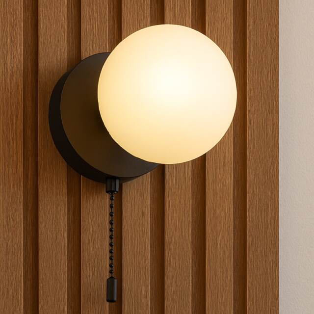 CGC Macie Magnetic Rechargeable LED Wall Light Black Opal Globe USB-C Pull Cord Black Black Base plate 9.5 cm, Globe: 8 cm diameter, Total depth: 11 cm