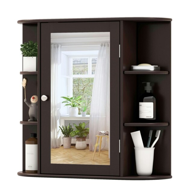COSTWAY Mirrored Bathroom Cabinet Wall Mount Storage Brown Brown 1