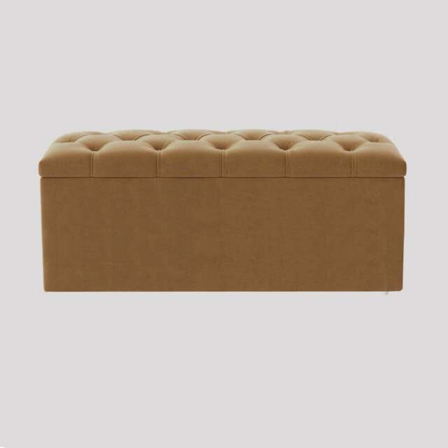 90cm Luna Chesterfield Ottoman Storage Box - Mink Plush Velvet Upholstered Blanket Box