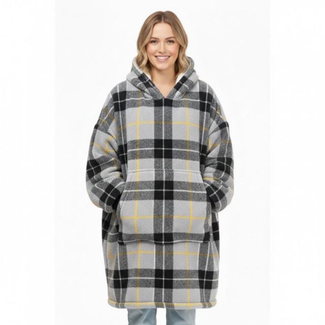 Unisex Tartan Check Fleece Hoodie Soft Warm Stylish Winter Loungewear Grey