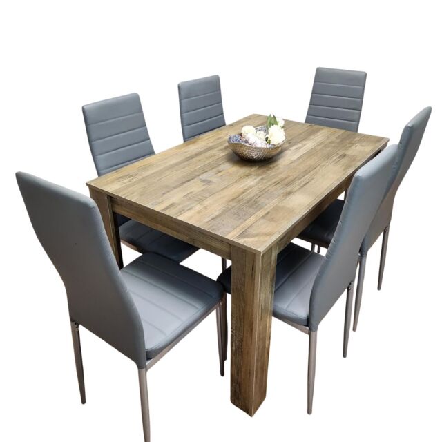 Rustic Effect Dining Table Set with 6 Grey Faux Leather Chairs Dining Room Furniture Set Grey One Size 7