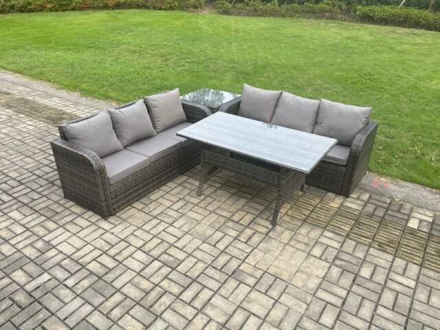Fimous Rattan Garden Furniture Set with Oblong Rectangular Dining Table 4 Pieces Outdoor Lounge Sofa Set Dark Grey Mixed