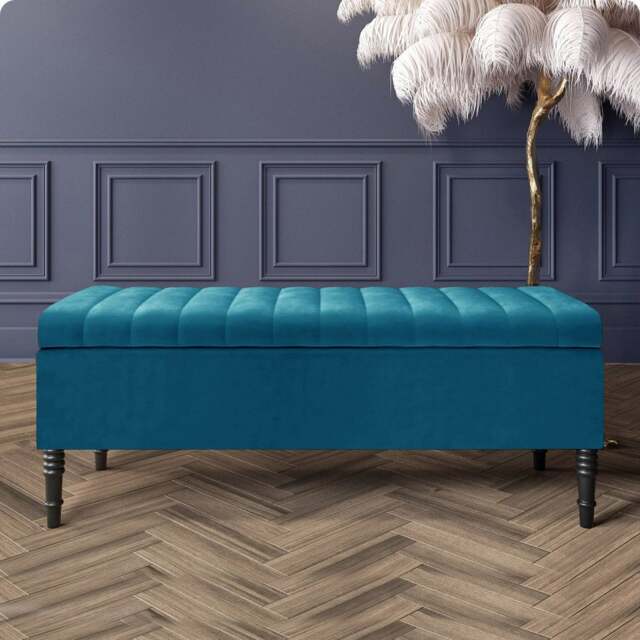 180cm Paris Striped Ottoman Storage Bench- Plush Velvet Shoe Bench - Emerald Green Upholstery Footstool with Storage