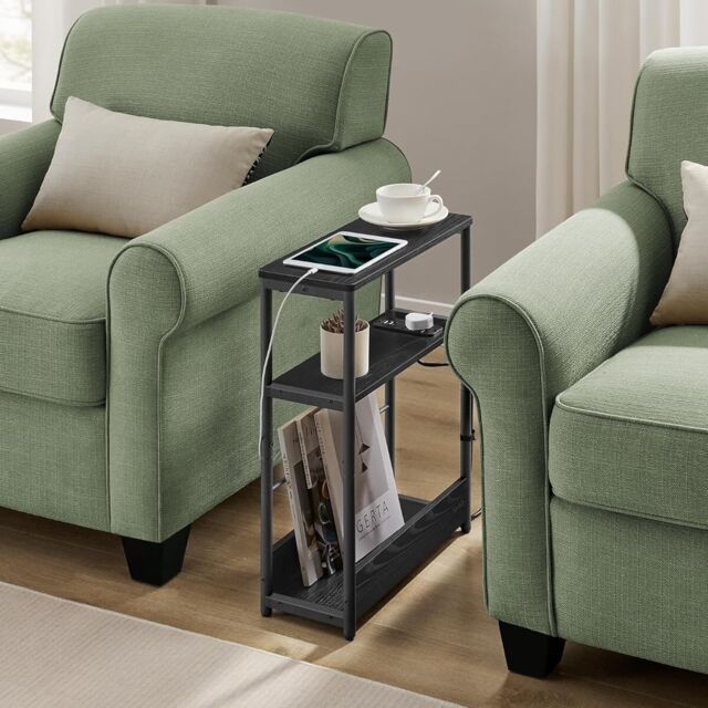Space-Saving Charging Table, Narrow Bedside Stand with Magazine Rack, Small Room Furniture, Ebony Black and Ink Black