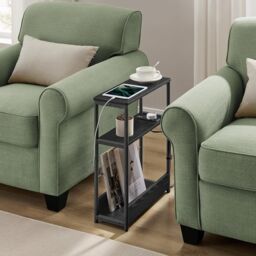 Space-Saving Charging Table, Narrow Bedside Stand with Magazine Rack, Small Room Furniture, Ebony Black and Ink Black
