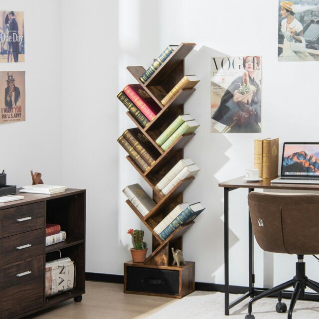 COSTWAY 10 Tiers Bookshelf Display Bookcase with Drawer Brown Brown