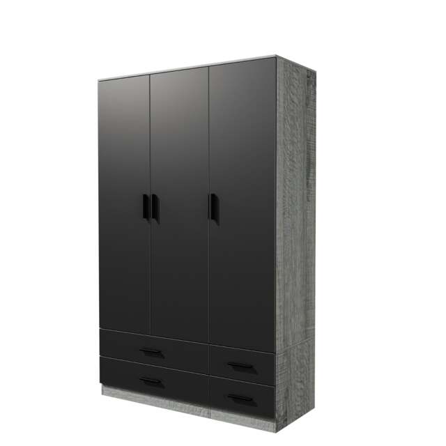 3 Door 4 Drawer Wardrobe With Hanging Rail And Storage Shelf Grey Ash Grey Carcass & Black Door 1