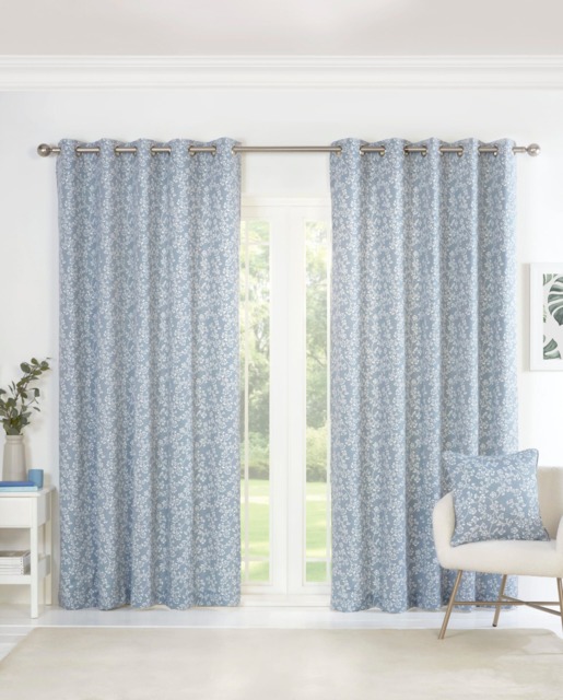 Sade - Fully Lined Floral Curtains - Eyelet - Polycotton (Blue, 90'' x 90'' - 229cm x 229cm (Pair))