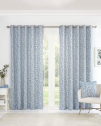 Sade - Fully Lined Floral Curtains - Eyelet - Polycotton (Blue, 90'' x 90'' - 229cm x 229cm (Pair))