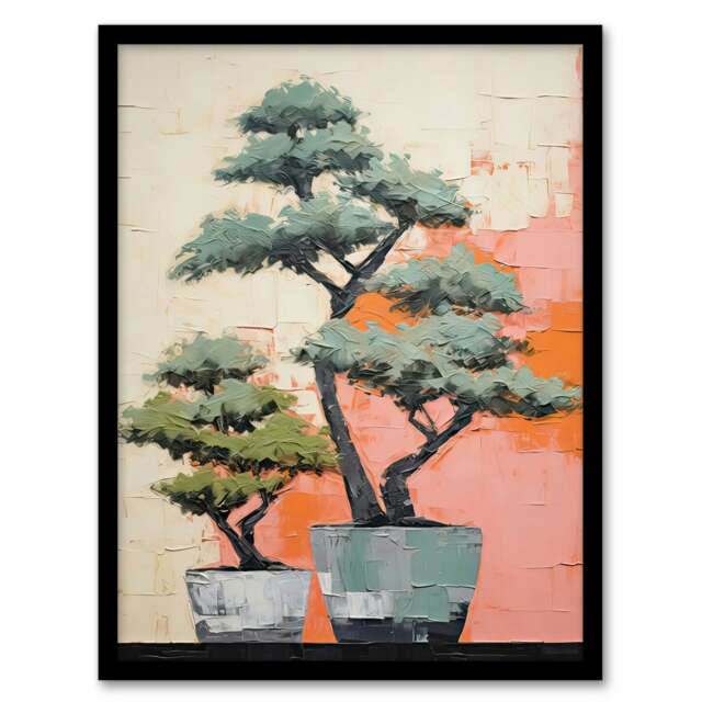 Two Japanese Bonsai Tree Plant Pots painting Black Framed Wall Art Print A4