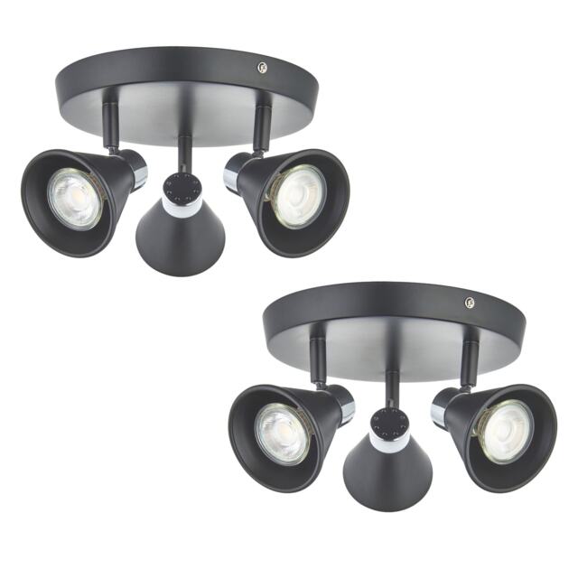 Set of 2 Burton - Matt Black & Chrome Detail 3 Way Ceiling Spotlights