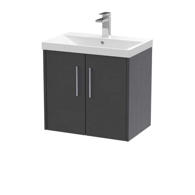 Balterley Winshill Contemporary 2 Door Wall Hung Vanity Unit with Thin Edge Basin, Woodgrain Dark Grey, 600mm