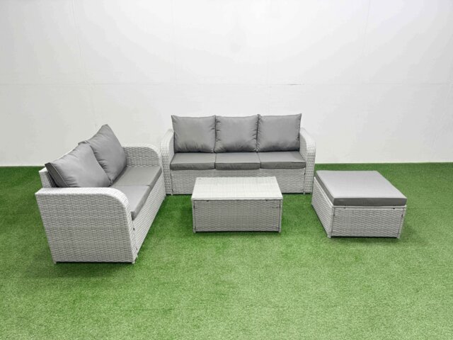 Fimous 6 Seater PE Rattan Wicker Garden Furniture Patio Conservatory Sofa Set with Rectangular Coffee Table 3 Seater Sofa Love Sofa Big Footstool