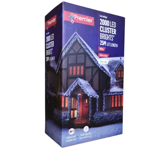 2000 LED 25m Premier Clusterbrights Indoor Outdoor Multifunction Mains Operated Christmas Cluster Lights with Timer in Cool White
