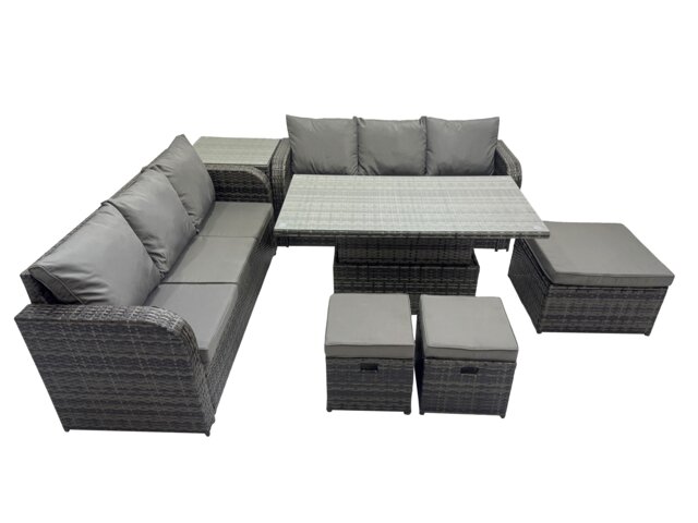 Fimous Rattan Garden Furniture Dining Set 9-seater Patio Height Adjustable Rising Lifting Table Sofa Set with Side Table 3 Footstools Dark Grey Mixed