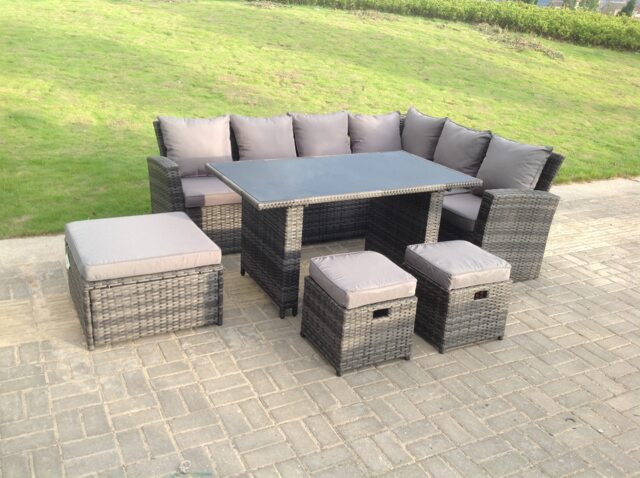 Fimous 9 Seater High Back Rattan Garden Furniture Set Corner Sofa With Black Tempered Glass Dining Table 3 Stool