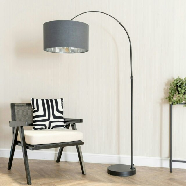 ValueLights Louis Black Arched Floor Lamp Charcoal Drum Metallic Chrome Shade and Bulb
