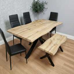 Dining Table Set with 4 Black Faux Leather Chairs and Bench Kitchen Dining Room Furniture