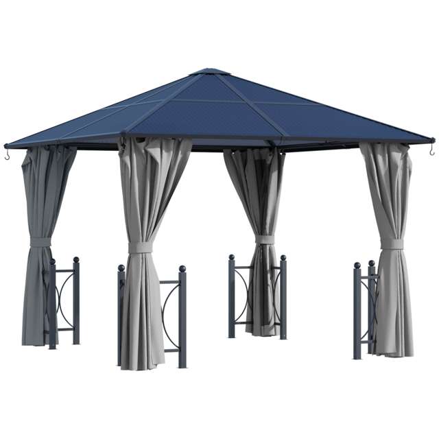 Outsunny 3x3(m) Hardtop Gazebo with Polycarbonate Roof, Netting and Curtains Grey Black and Dark Grey 3 x 3 x 2.6 m