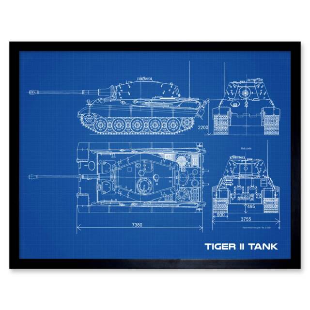 "Tiger II Panzerkampfwagen Heavy Tank Blue Plan 12x16"" Framed Wall Art Print"
