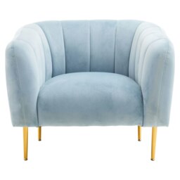 Orsina Blue Velvet Modern Armchair, Elegant Barrel Back Design, Gold-Tone Metal Legs, Mid-Century Modern Chair