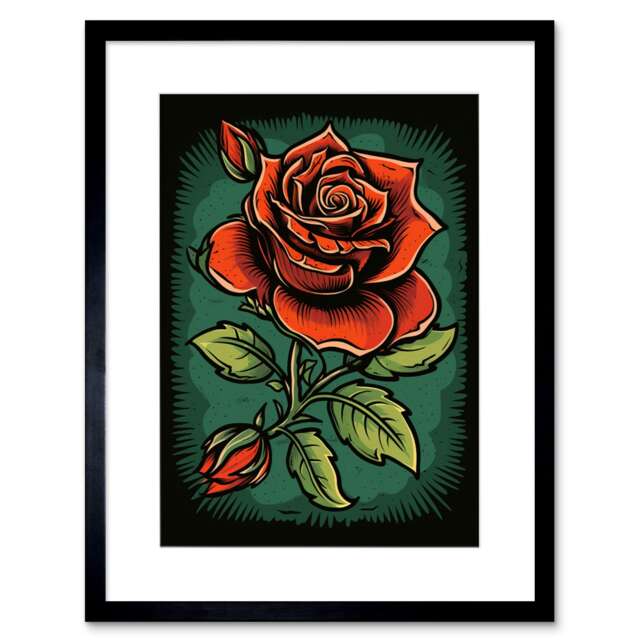 "Old School USA Tattoo Body Blooming Rose Americana 50s 9x7"" Black Framed Wall Art Print"