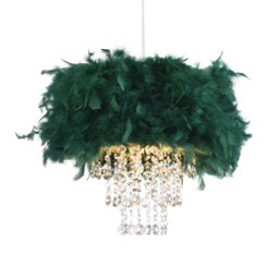 Contemporary Green Feather Pendant Light Shade with Transparent Acrylic Droplets Green Forest Green 1
