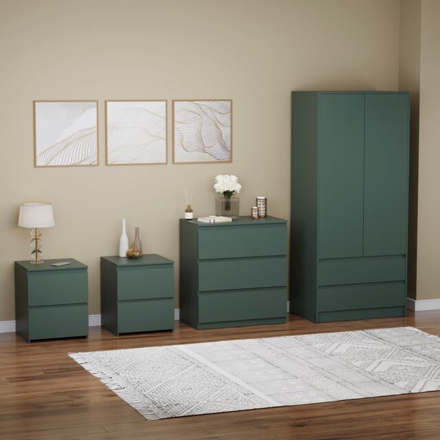 Vida Designs Denver 4 Piece Bedroom Set (2 Drawer Large Bedside Chest, 3 Drawer Chest, 2 Door 2 Drawer Wardrobe), Green Green Green L 4