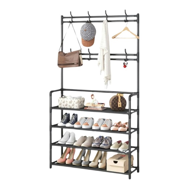 Wide Industrial Metal Hall Tree Shoe Rack with Clothes Hangers Black Multi One Size