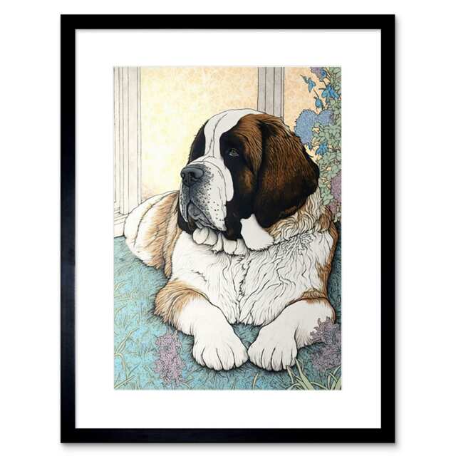 "St Bernard Dog Lying by Flower Pot Modern 9x7"" Black Framed Wall Art Print"